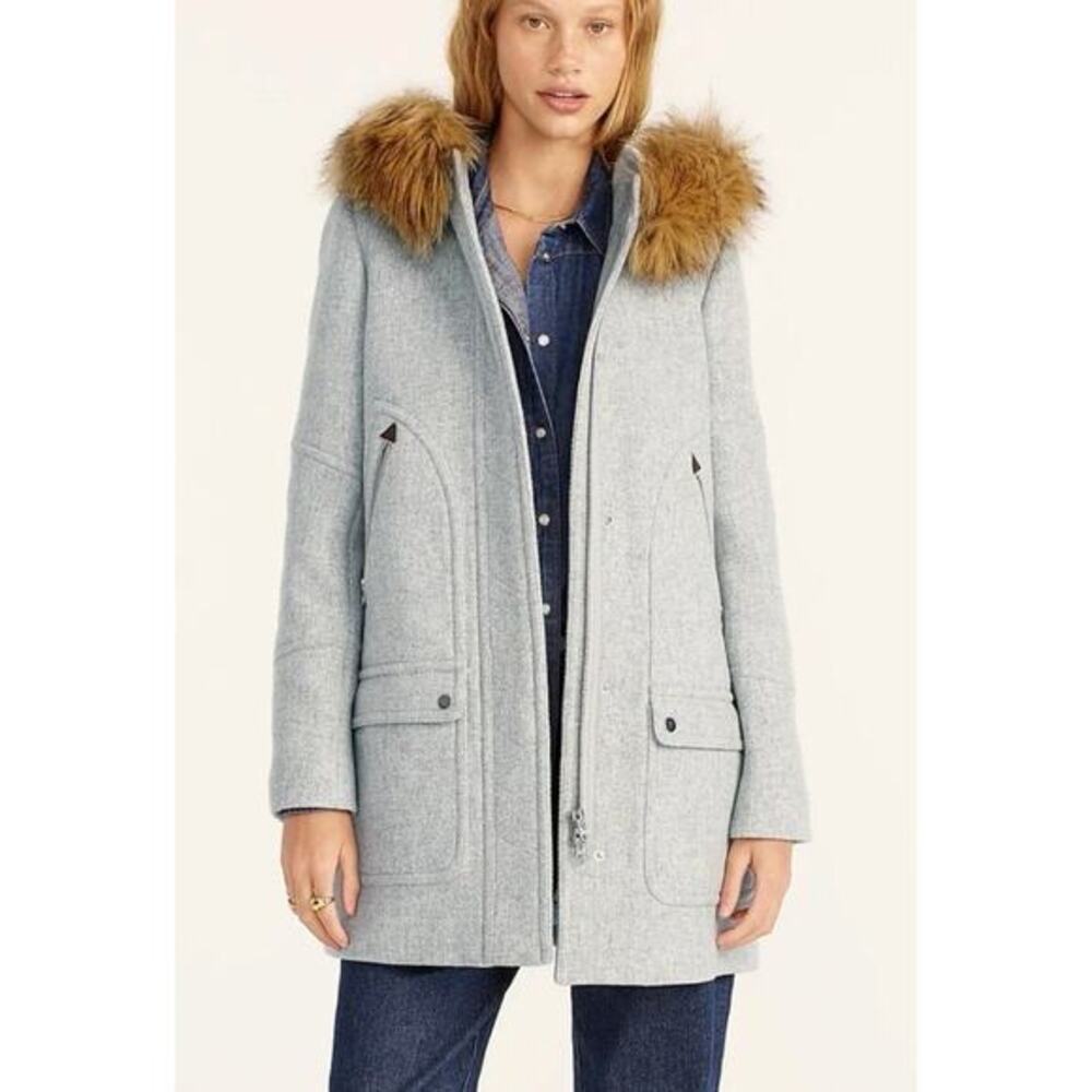 J.‎ Crew stadium Cloth Gray Faux Fur Trim Coat - Picture 2 of 3